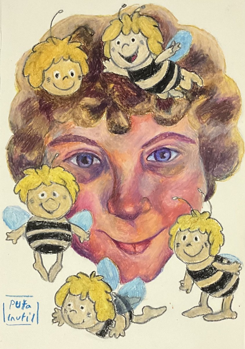 puta_inutil's tweet photo. "Autorretrato con abejas mayas"

#art #pastelesoleo #autorretrato #abejamaya #mayathebee #dibujosanimados #dibujotradiciónal #enunpaismulticolor https://t.co/PfdY6SyUcH