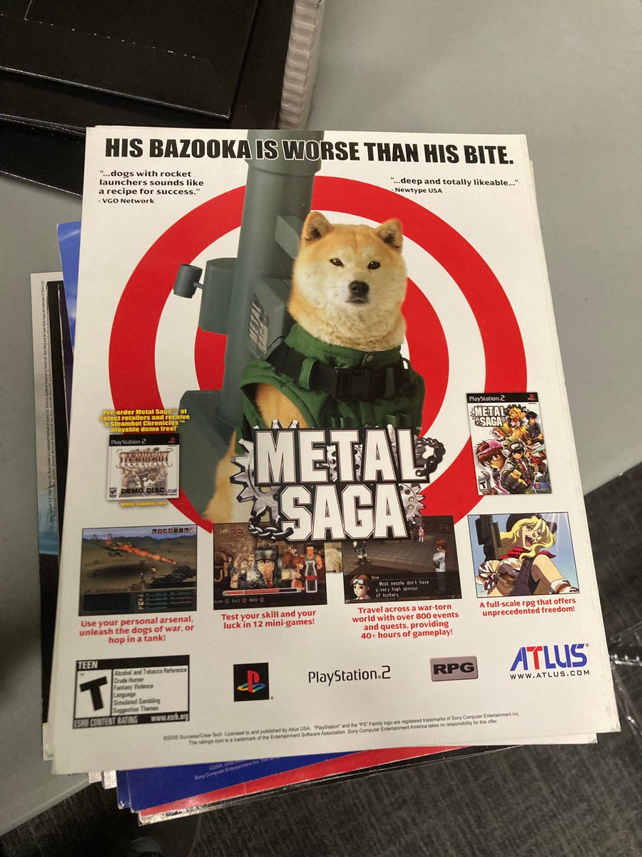 GameHistoryOrg's tweet image. Metal Saga was the first game in the Metal Max saga to make it to the U.S., and it did it in style with this 2006 print ad for the PS2 game. (What a good boy!)