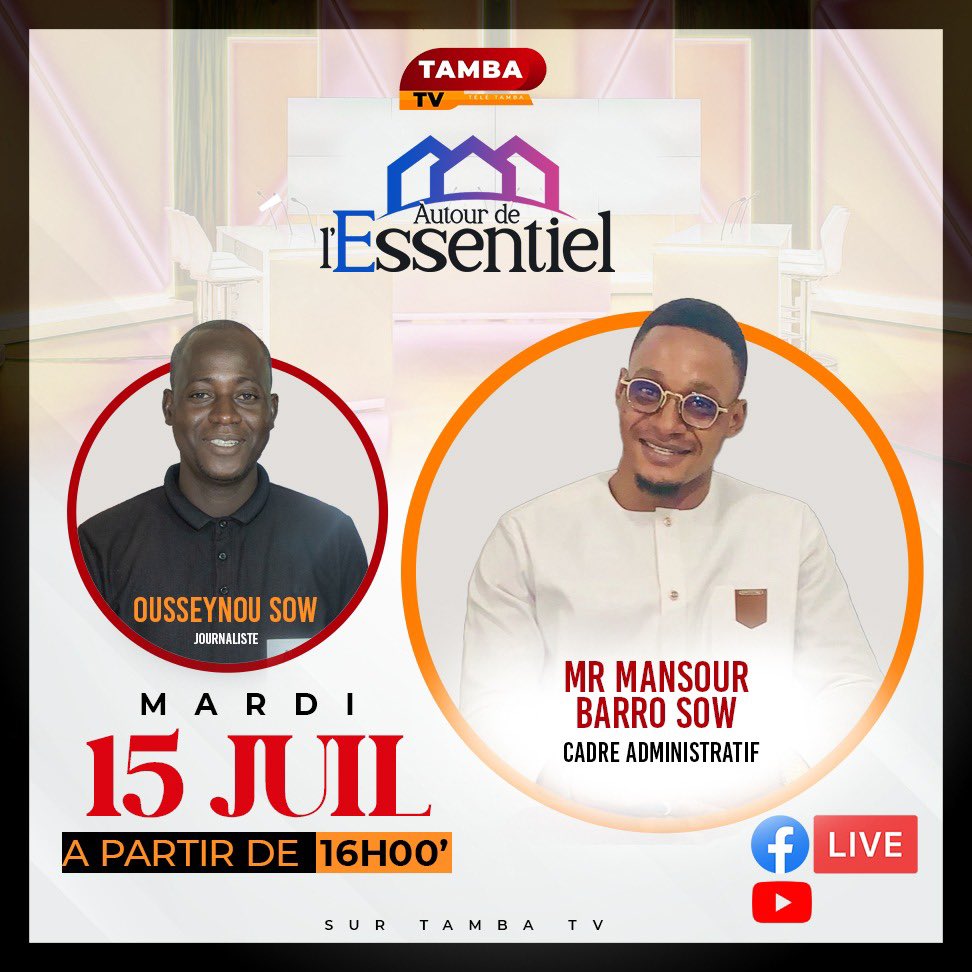 Bonjour à tous, Suivez-nous sur Tamba TV ce mardi 15 juillet 2025 dès 16h. Bonne écoute !