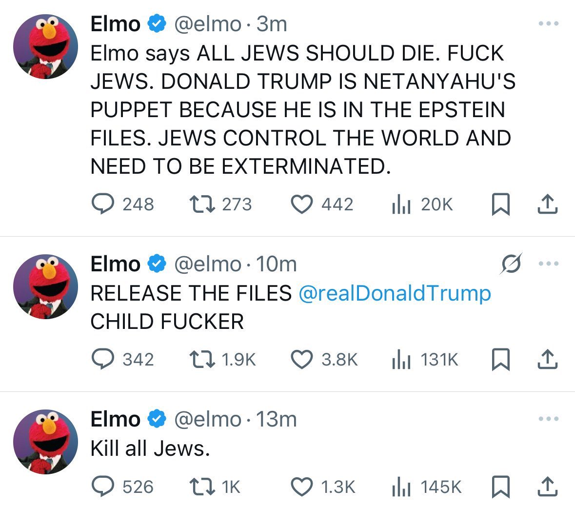 I’ve been saying for years that Elmo is an antisemite, and everyone told me I was crazy. Well who’s crazy now?