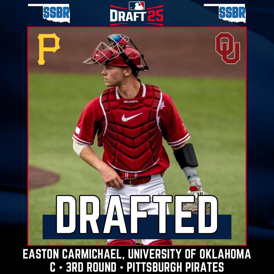 𝟮𝟬𝟮𝟱 𝗠𝗟𝗕 𝗗𝗥𝗔𝗙𝗧

Easton Carmichael of the University of Oklahoma has been drafted #82 overall to the Pittsburgh Pirates

#SoonerStatePros | #MLBDraft | #CHAOUS