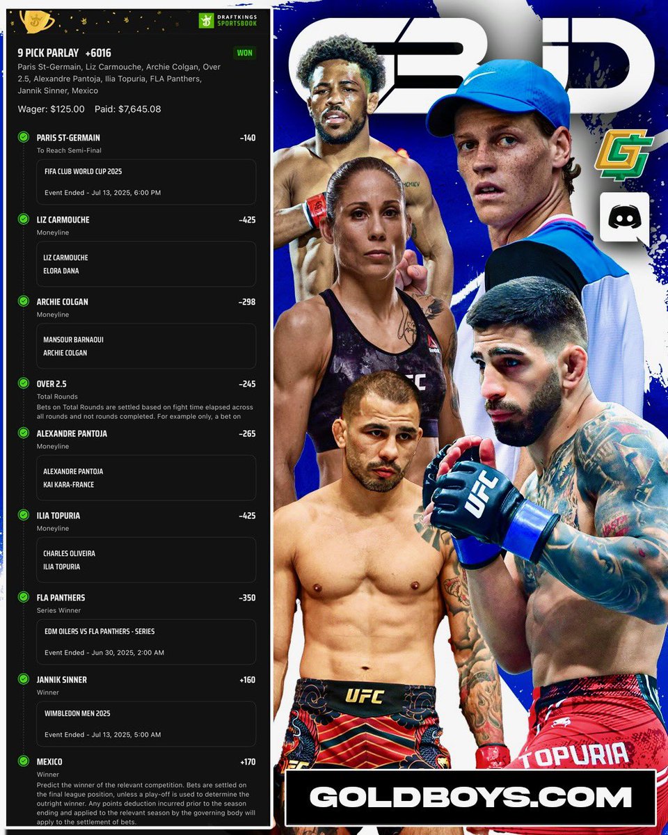 💣 BOOM! 💣

Cash the +6016 Cross Sport Parlay from <a href="/ScarLockz/">ScarLockz</a> 🔥

$125 ➡️ $7,645.08 💸

Posted in the discord ➡️ GoldBoys.com