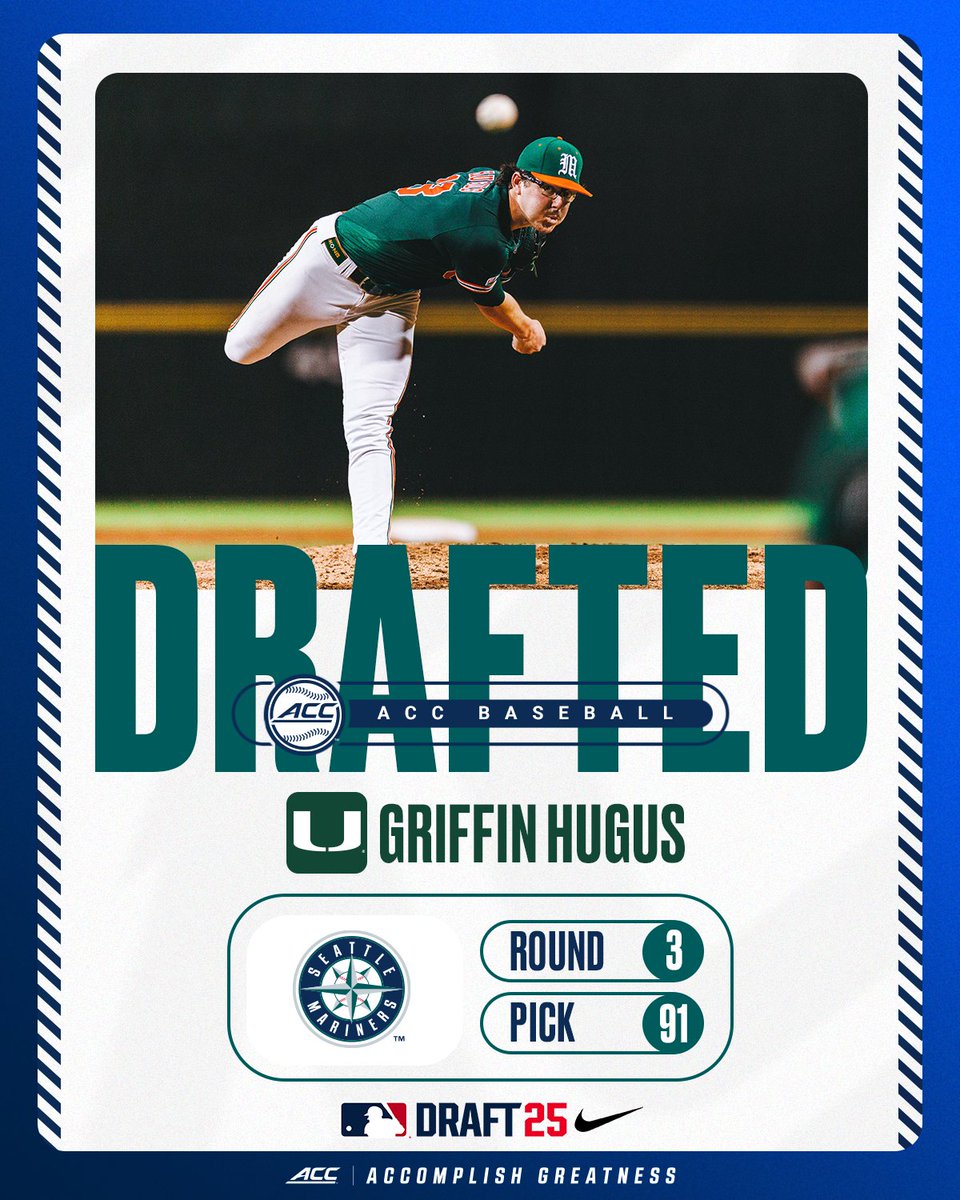 ACCBaseball's tweet image. 𝗗𝗥𝗔𝗙𝗧𝗘𝗗 ☑️
With the 91st pick of the 2025 #MLBDraft, the @Mariners select Griffin Hugus.