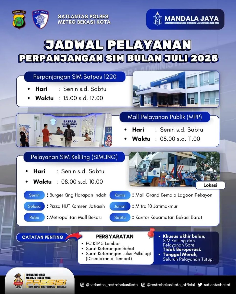TMCPoldaMetro's tweet photo. Jadwal Pelayanan SIM Keliling Satlantas Polres Metro Bekasi Kota Bulan Juli 2025. https://t.co/0t7P8wgmw0