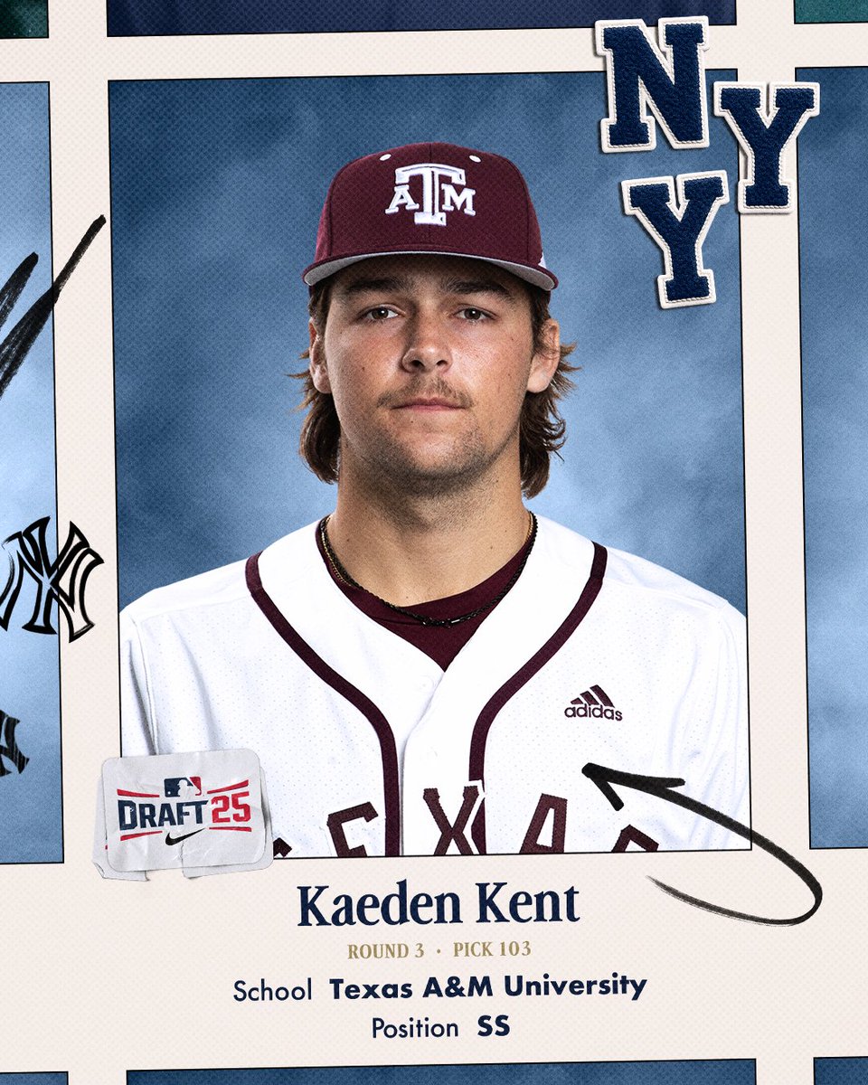 NYYPlayerDev's tweet image. Round 3 | Pick 103: The New York Yankees select SS Kaeden Kent out of Texas A&M.
#MLBDraft