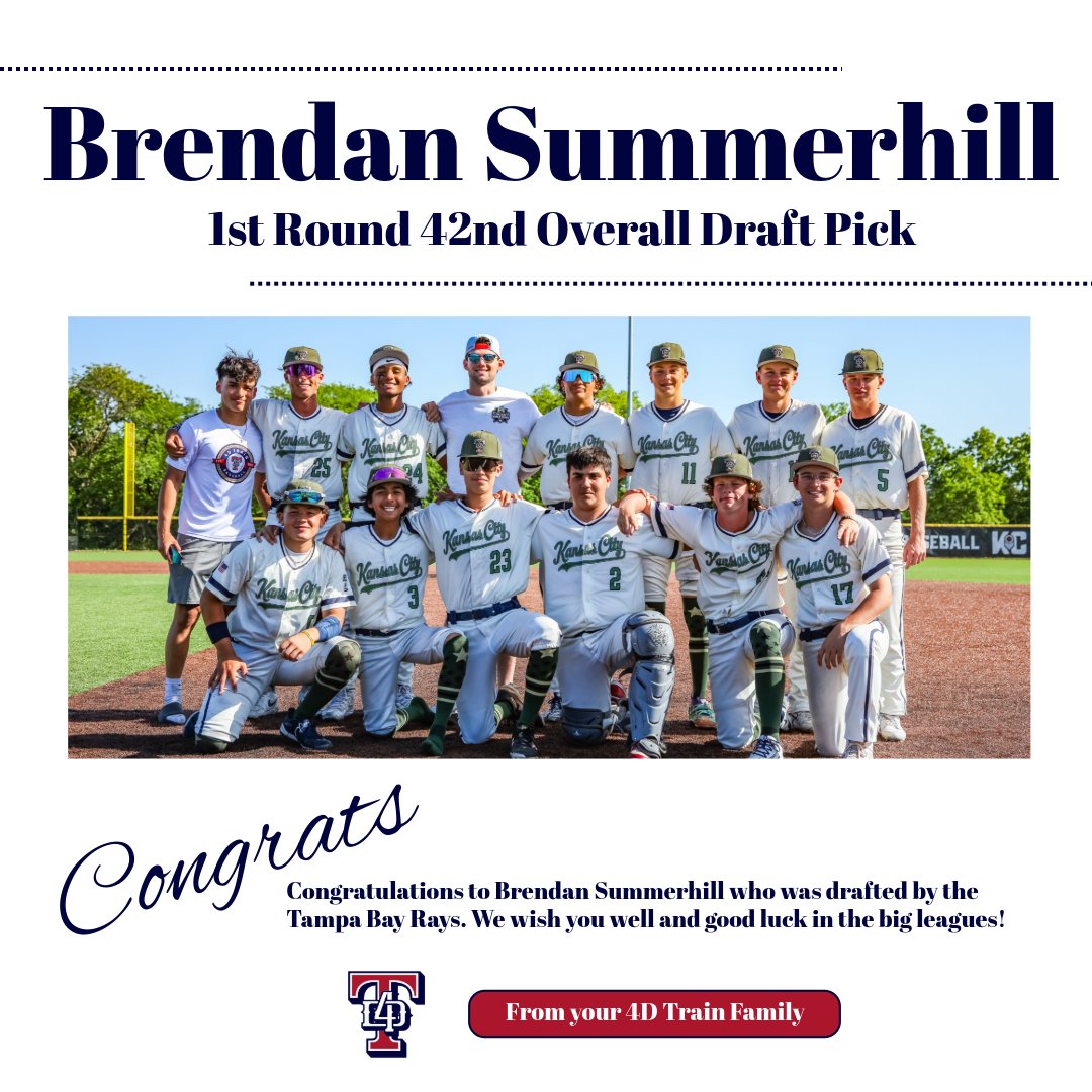 4D Train Baseball - Cisneros (@4dtrainbaseball) on Twitter photo Congratulations to <a href="/BrendanSummerh1/">Brendan Summerhill</a>, who was drafted in the first round, 42nd overall, by the Tampa Bay Rays! We look forward to watching your big league journey!
- The 4D Train Cisneros Family Congratulations to <a href="/BrendanSummerh1/">Brendan Summerhill</a>, who was drafted in the first round, 42nd overall, by the Tampa Bay Rays! We look forward to watching your big league journey!
- The 4D Train Cisneros Family
