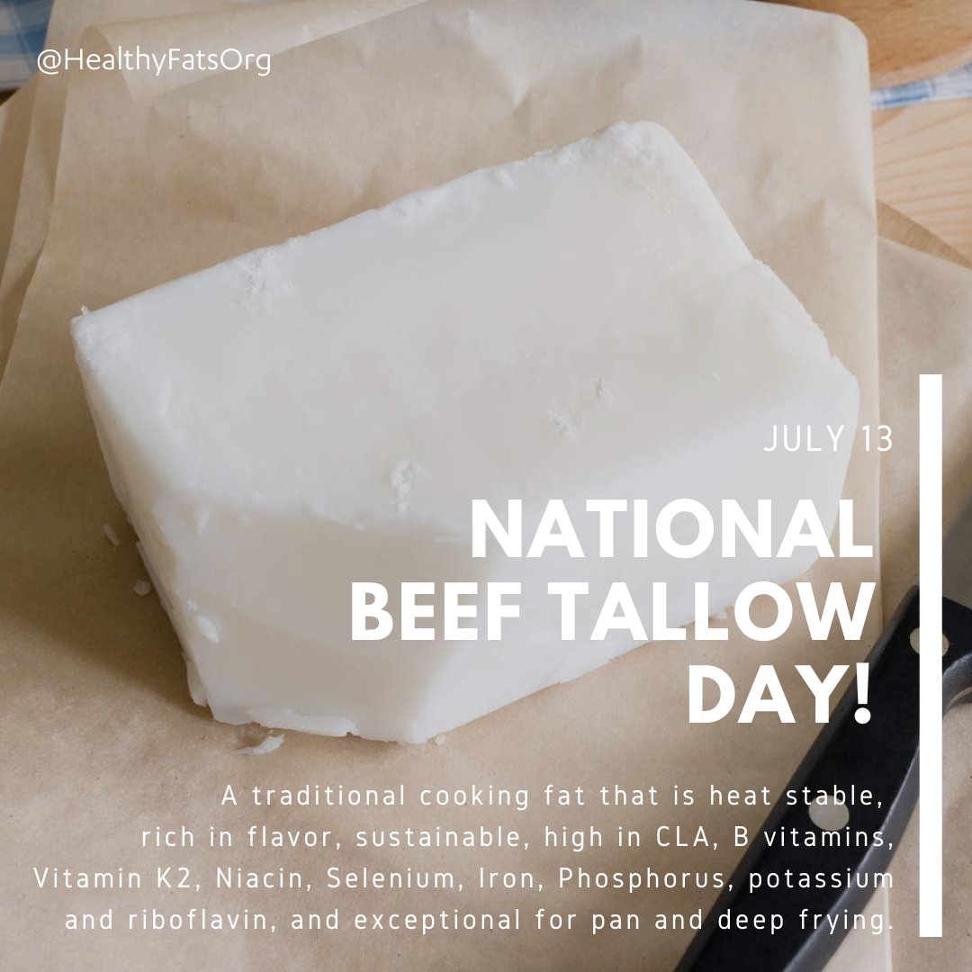 HealthyFatsOrg's tweet photo. Happy Beef Tallow Day! Beef tallow has a rich history dating back centuries. Traditionally, it has been utilized not only for cooking but also in candle making, soap, storing and preserving food, and greasing cookware. Today, its versatile applications continue to thrive in kitchens around the world. Healthy animal fats like lard, beef tallow, duck fat, and ghee are excellent sources of flavor and nutrition, contributing beneficial nutrients that support overall health. 

For more information about the benefits of including these healthy fats in your diet, visit https://t.co/Gt9rG5EnQq.