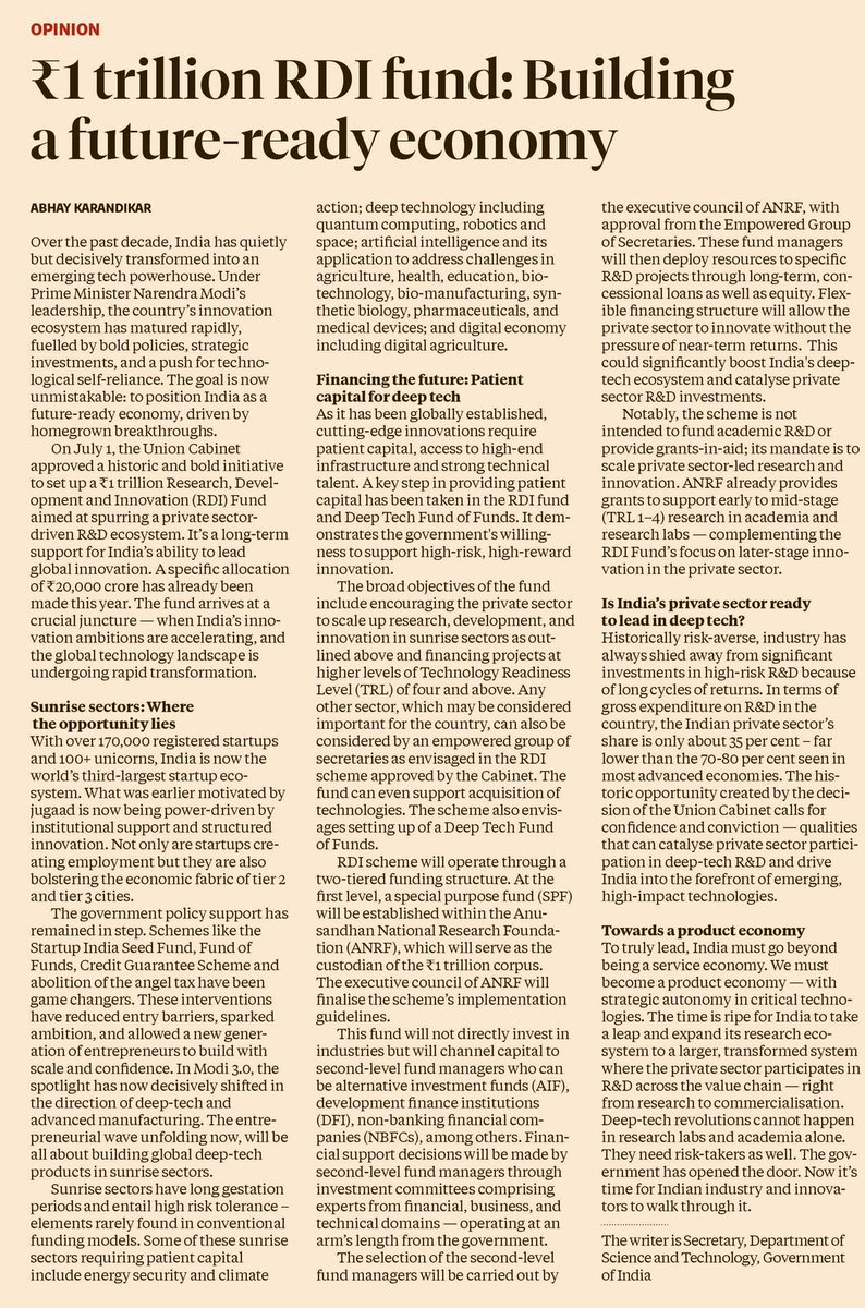 In my recent opinion piece for <a href="/bsindia/">Business Standard</a> , I highlight how the historic approval of the ₹1 trillion R&amp;D and Innovation #RDI Fund by the Union Cabinet marks a watershed moment for India’s innovation ecosystem.

<a href="/IndiaDST/">DSTIndia</a> is proud to spearhead this transformative journey—empowering