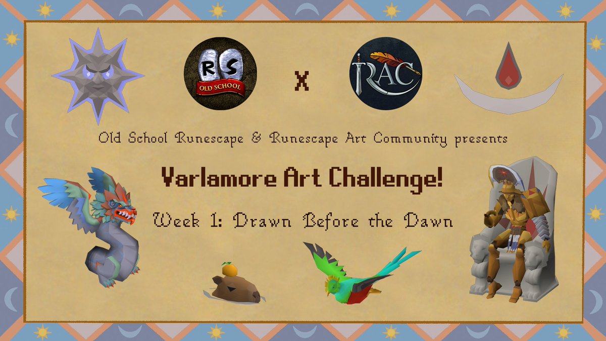 ☀️Today, the <a href="/OldSchoolRS/">Old School RuneScape</a> and RAC teams are presenting the #VarlamoreArtChallenge ! 🎨

For Week 1 of 4, it's “Drawn Before the Dawn” -- create some art inspired by existing Varlamore content!

Check out discord.gg/runescapeartco… for more info!