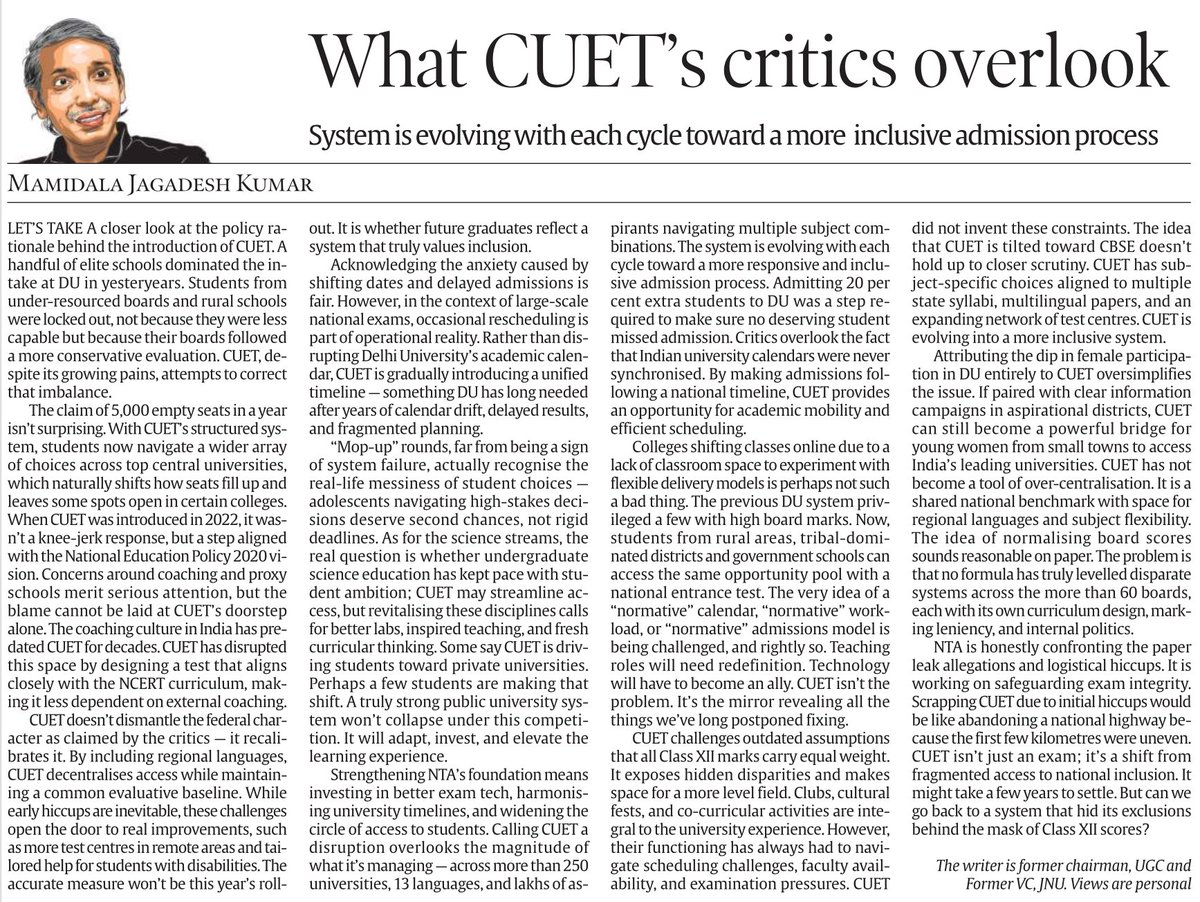 M. Jagadesh Kumar (former Chairman, #UGC, former VC #JNU) 

#CUET 

Indian Express, 14/07/2025