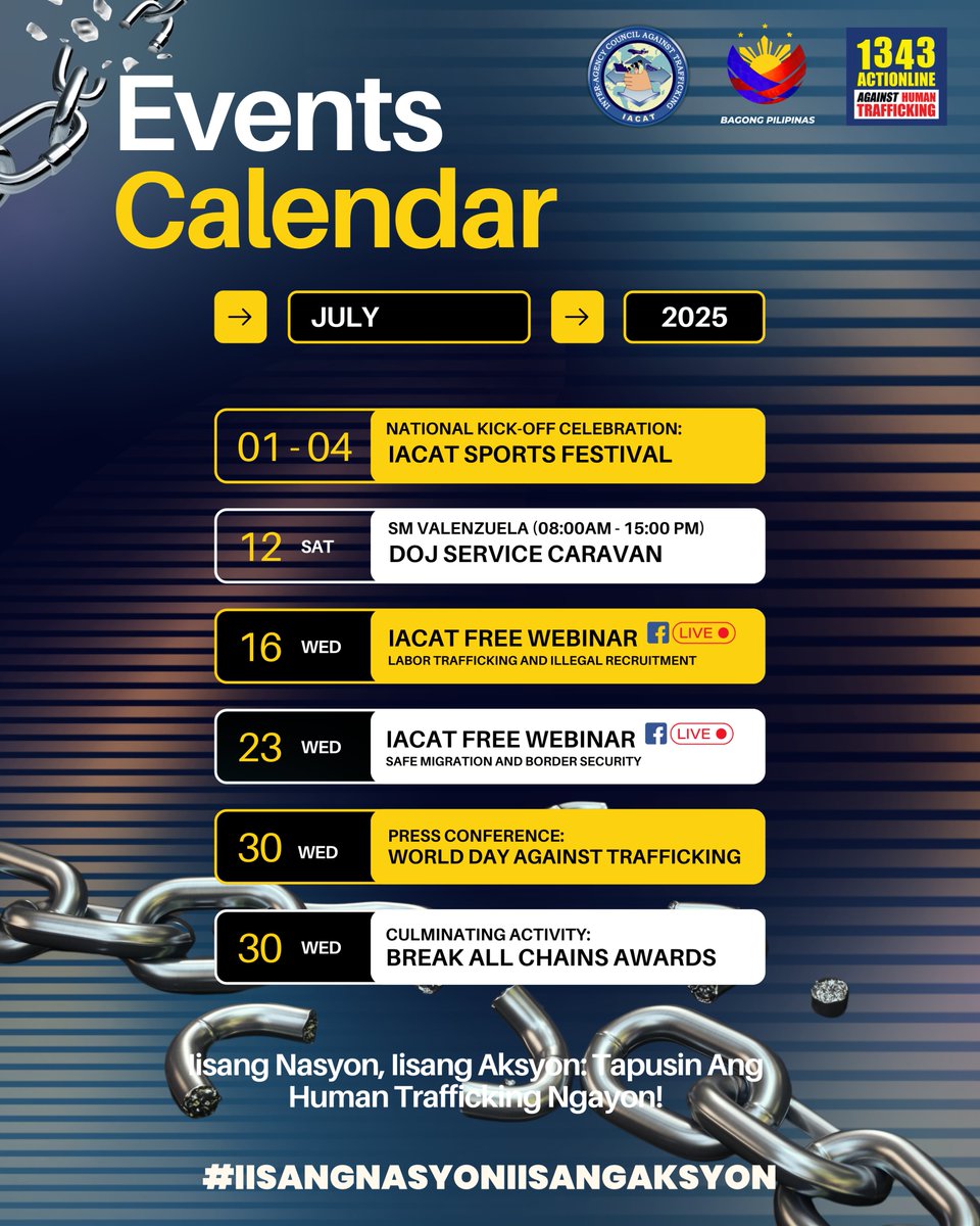 IACAT_PH's tweet image. Tuloy-tuloy ang laban kontra human trafficking!
Ngayong #NATAM2025, sama-sama tayong kikilos sa temang "Iisang Nasyon, Iisang Aksyon: Tapusin Ang Human Trafficking Ngayon."

I-check ang aming event calendar, makiisa online, at i-tag ang @IACAT_PH !

#IACAT #BagongPilipinas