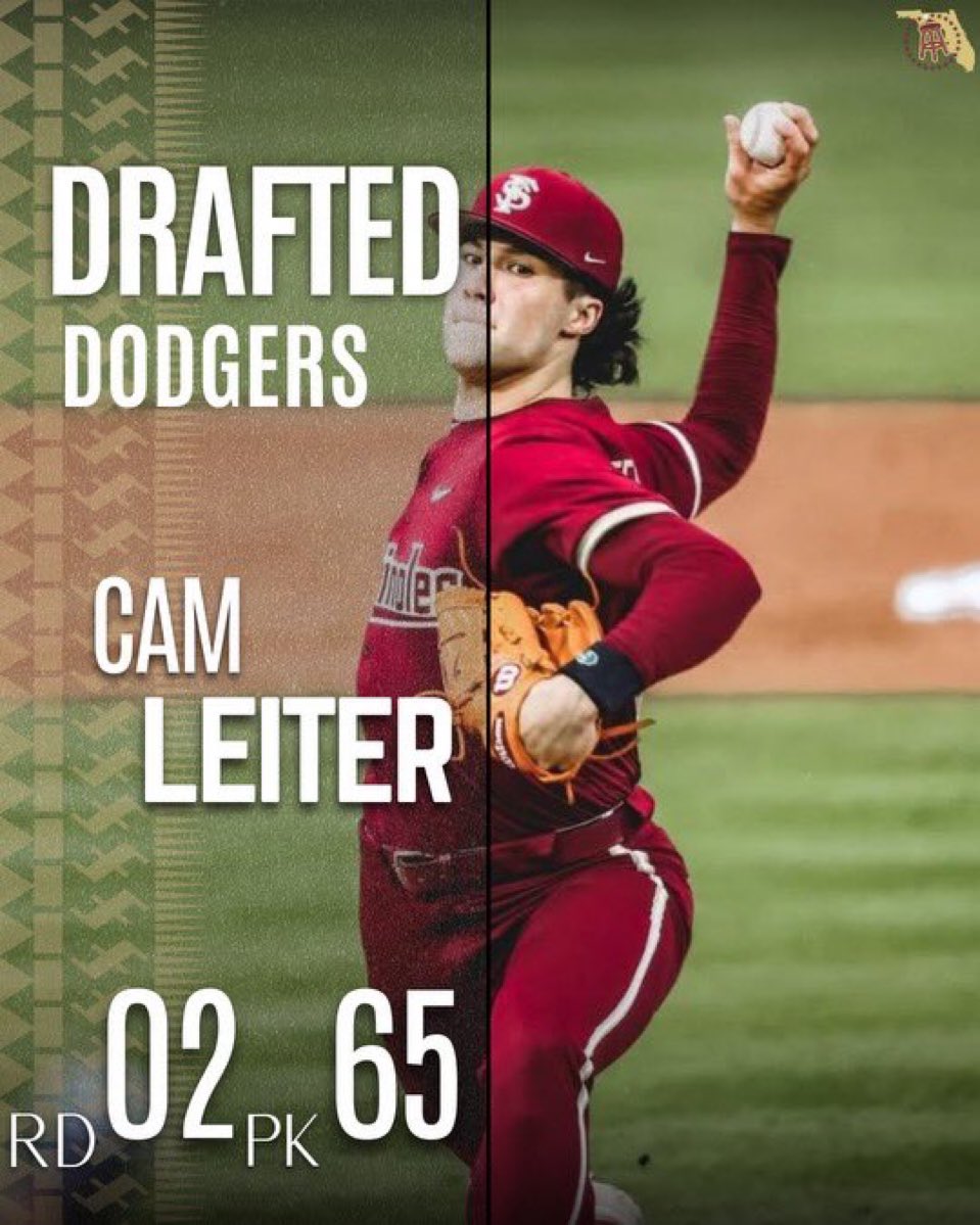 FSU_Barstool's tweet image. Congrats to Cam Leiter on being drafted 65th overall by the Dodgers