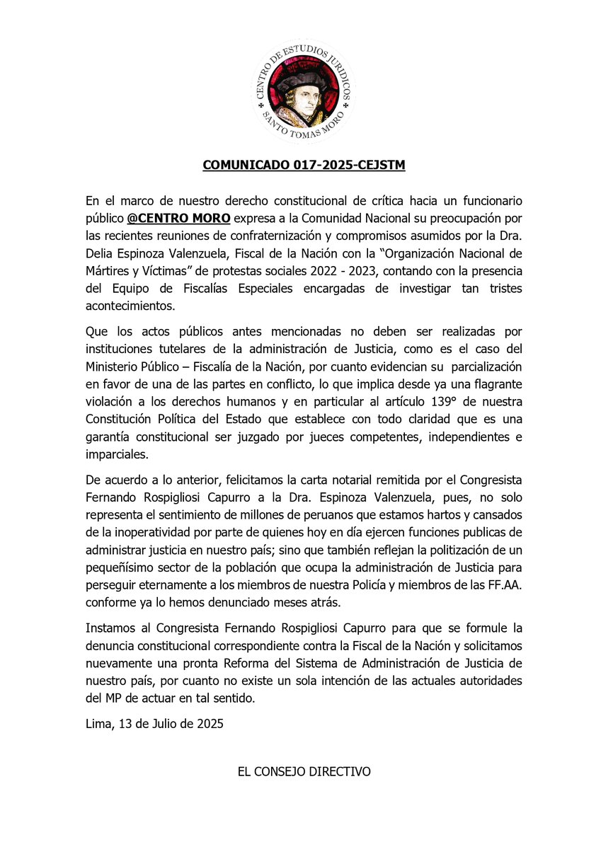 Centro de Estudios Santo Tomás Moro FELICITA LAS ACCIONES DE FISCALIZACIÓN DEL CONGRESISTA FERNANDO ROSPIGLIOSI CAPURRO EN RELACIÓN A LA POLITIZACIÓN DE LA FISCALIA DE LA NACIÓN POR LOS HECHOS ACAECIDOS A PARTIR DE DICIEMBRE DE 2023.