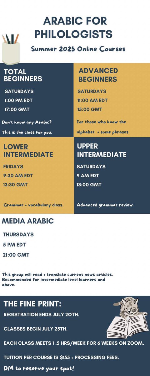 drvalerieisin's tweet image. Our Summer Term schedule is live!
We’re offering courses in Arabic (from Beginner to Advanced), Russian (an introduction to the language and a conversation class), an introduction to Attic Greek, as well as an introduction to Proto Indo-European, and our Spoken PIE class.…