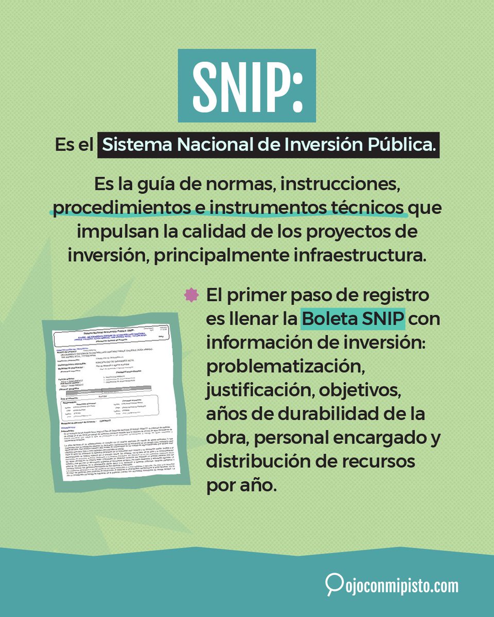 _ojoconmipisto's tweet image. Conoce algunos términos y recursos que se utilizan para fiscalizar la ejecución de fondos💰 de los Consejos de desarrollo🔍 y más sobre la participación ciudadana🙋🏽‍♀️🙋🏽, como #Siscode, #SNIP y #Siprocode, entre otros. 👇