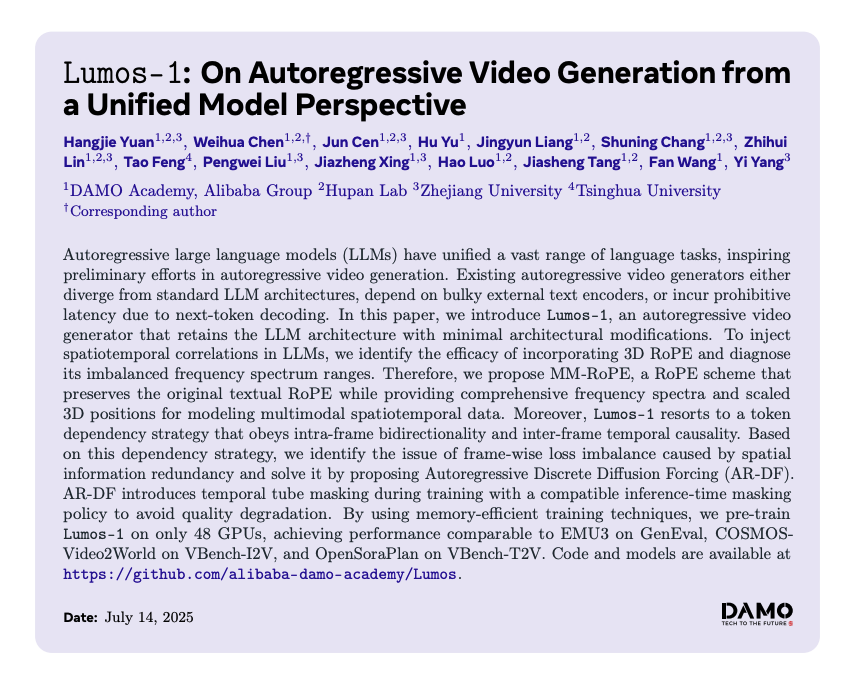 _akhaliq's tweet photo. Lumos-1

On Autoregressive Video Generation from a Unified Model Perspective https://t.co/6NHh3Rx3ne