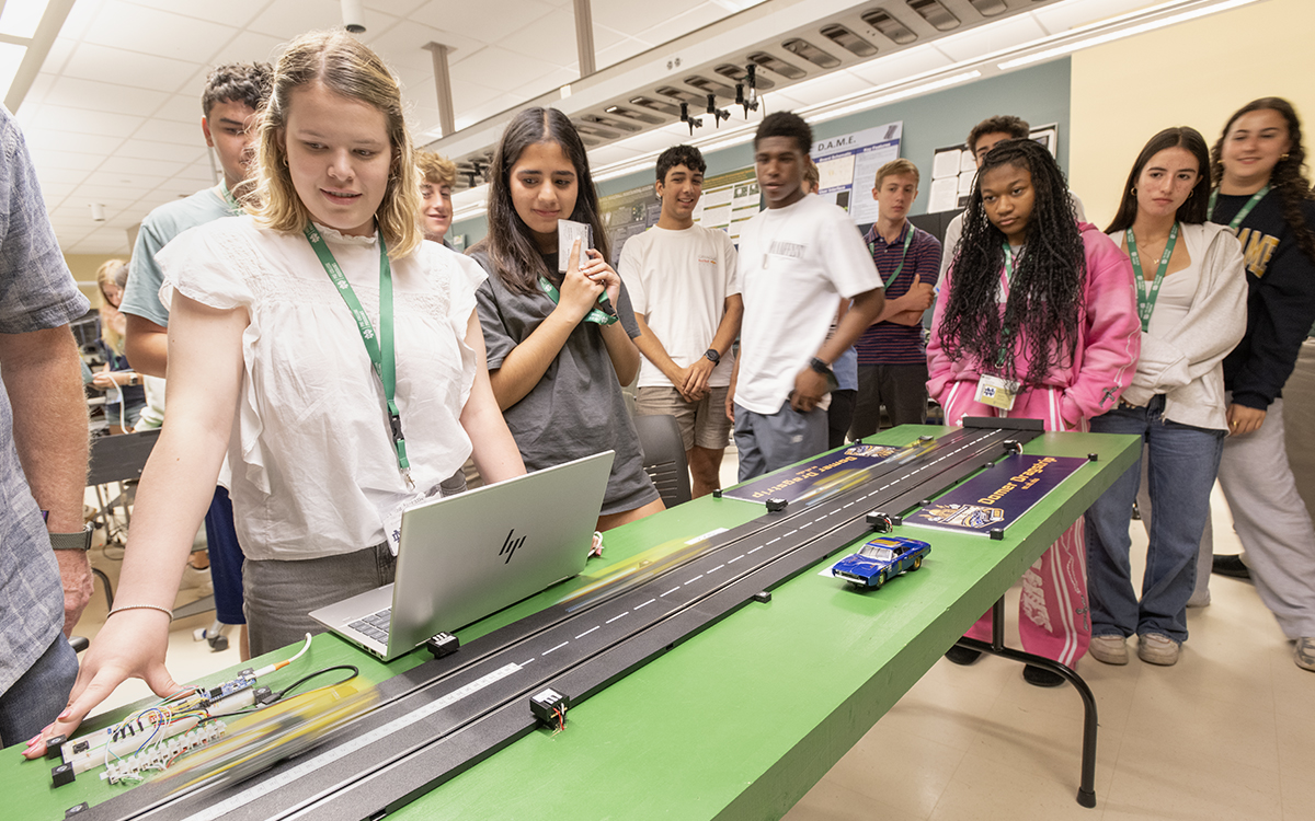NDengineering's tweet image. 🏎️ Future engineers from @EE_NotreDame + @NDPreCollege hit the track in 2025’s slot car showdown!
🏁 Best Raceway Time: 3.81s - Lightning McQueens (Lucia Reynal &amp;amp; Victoria Sofia)
🔥 Best Dragstrip: 1.03s - Stew (Chris Park &amp;amp; John Lamont)
🏅 Overall Champs: Stew
#NDSummerScholars