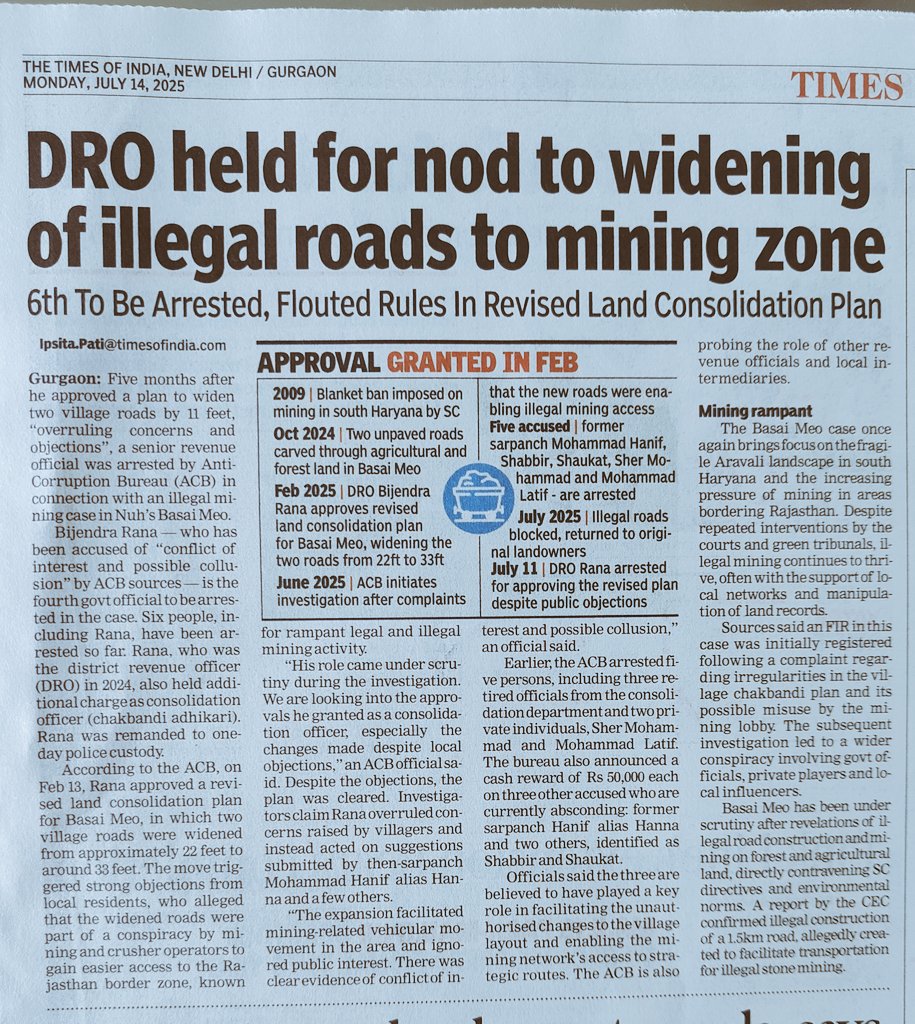 IpsitaTOI's tweet image. DRO, who approved widening of illegal roads to #Nuh mining zone, arrested @AdvGauravKumar
@lifeindia2016 @rahuulchoudhary
@moefcc @rameshpandeyifs
Read the full story here
timesofindia.indiatimes.com/city/gurgaon/d…