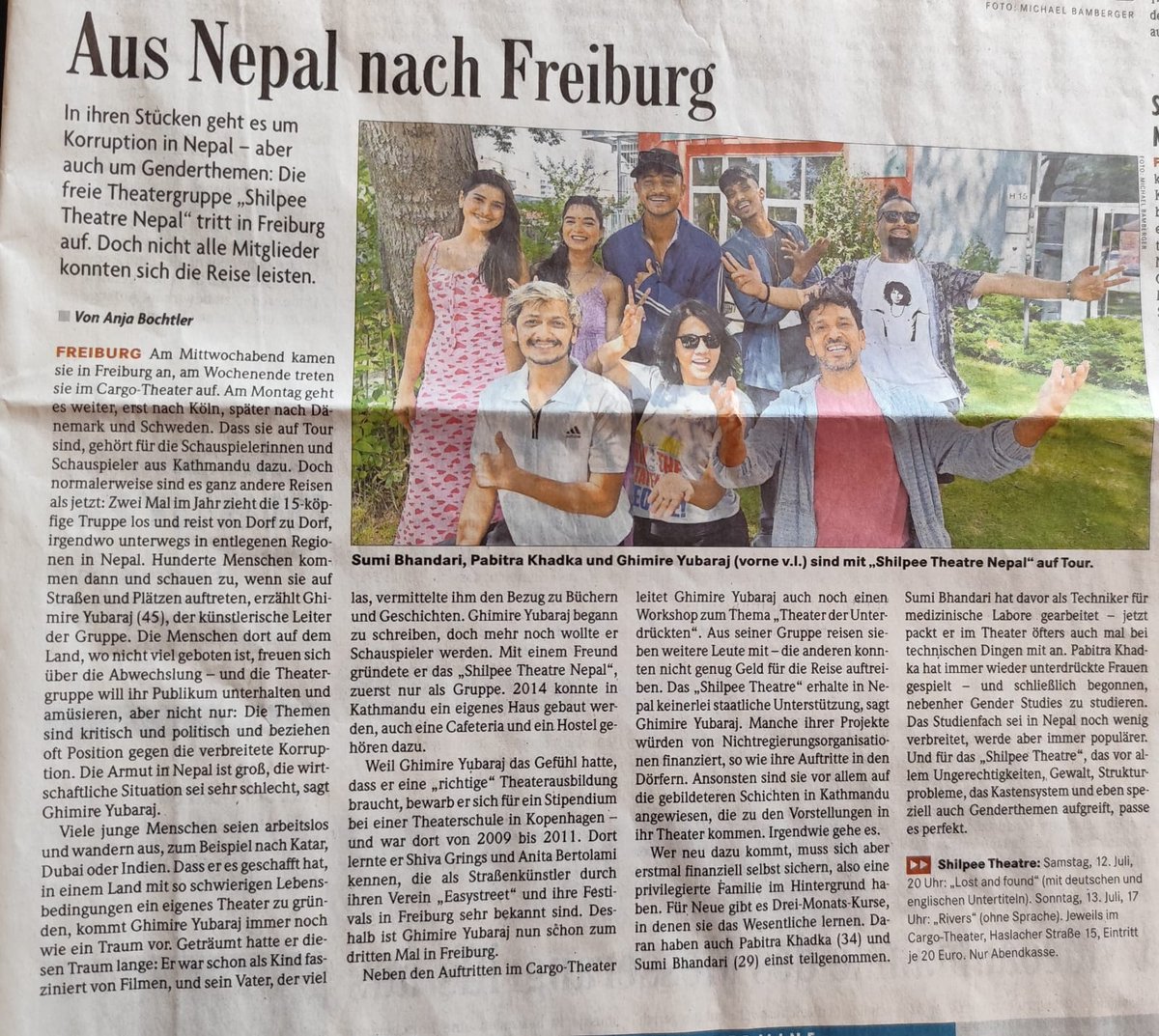 ShilpeeeTheatre's tweet photo. Shilpee Team Featured in German Newspaper 
We have completed our first show at freiburg now we are headed towards Cologne where we will be performing on july 15-16 .

Hope to see you all who are arond 
#shilpeetheatre #europetour2025 #euinnepal https://t.co/ekSFKTmo8h