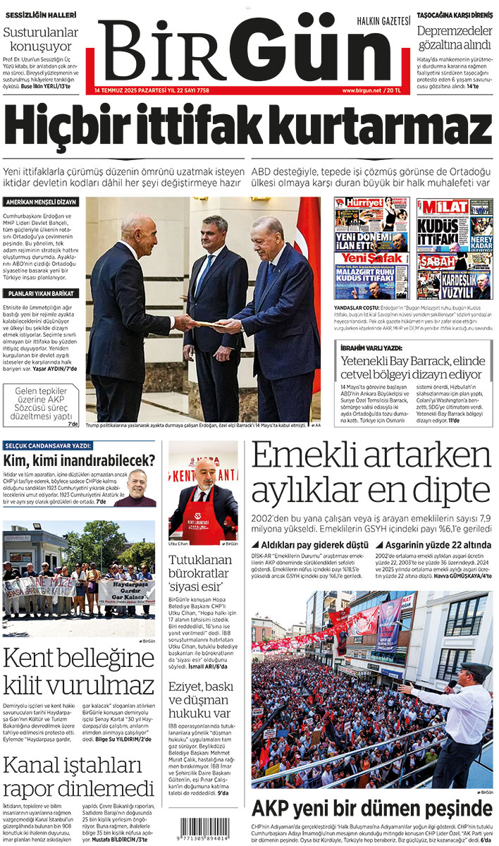 Hiçbir ittifak kurtarmaz

Yeni ittifaklarla çürümüş düzenin ömrünü uzatmak isteyen iktidar devletin kodları dâhil her şeyi değiştirmeye hazır...

birgun.net/makale/yeni-it…

Bugünün BirGün’ü