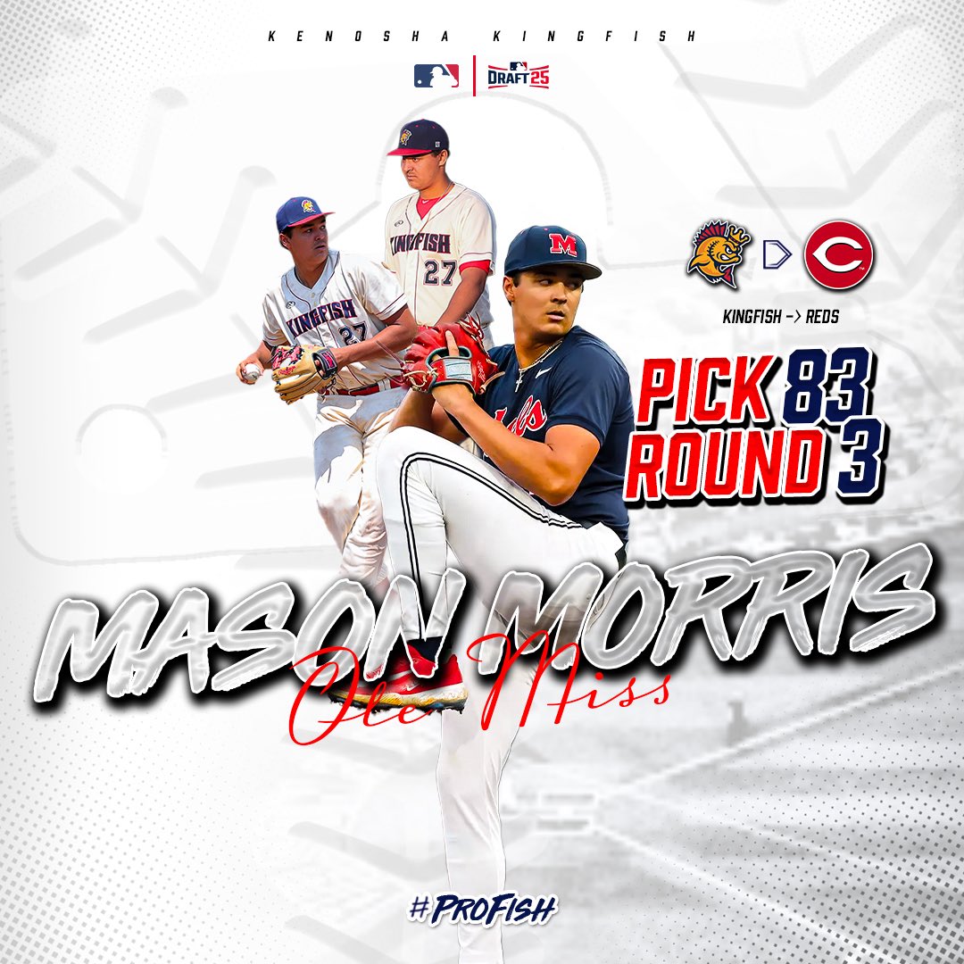 Kenosha Bombers (@kenoshakingfish) on Twitter photo Our first pick of 2025 is <a href="/Mason22Morris/">Mason Morris</a> and he’s headed to Cincy! 🔥
<a href="/OleMissBSB/">Ole Miss Baseball</a> | #ProFish Our first pick of 2025 is <a href="/Mason22Morris/">Mason Morris</a> and he’s headed to Cincy! 🔥
<a href="/OleMissBSB/">Ole Miss Baseball</a> | #ProFish