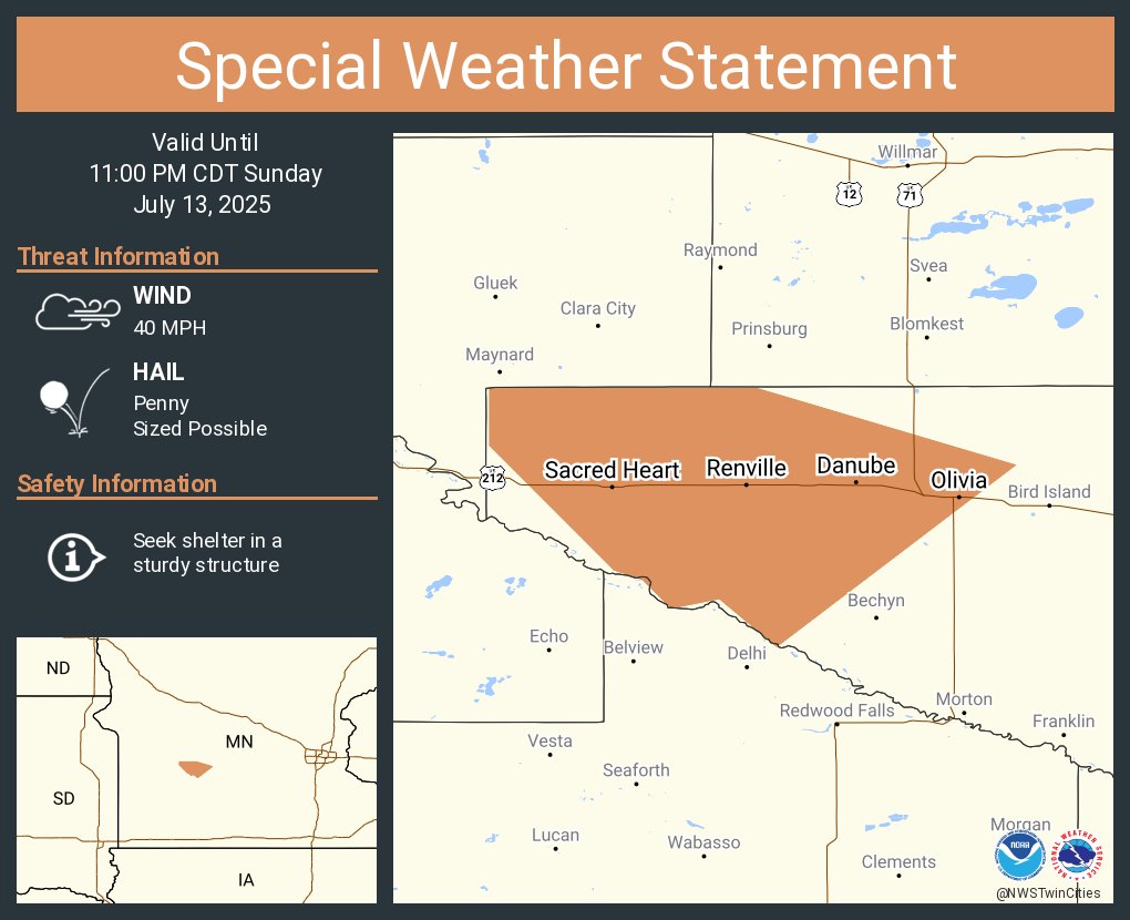 A special weather statement has been issued for Olivia MN, Renville MN and  Sacred Heart MN until 11:00 PM CDT