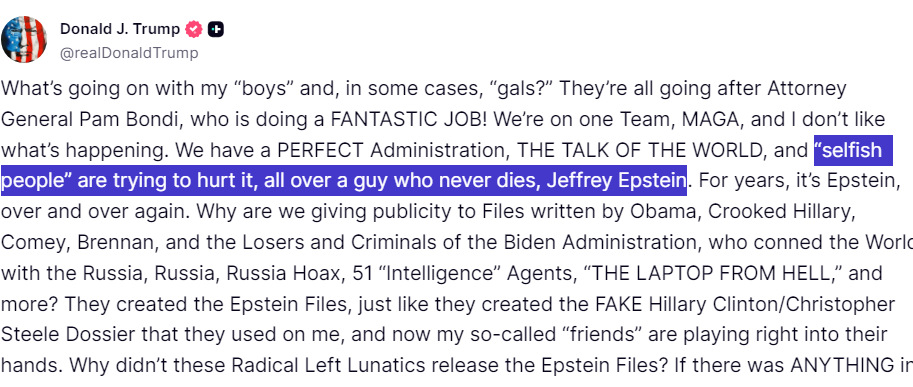 BlackstoneIntel's tweet image. Remember Trump's words.  Repeat them over and over until they sink in.  He says that "nobody" cares about the Jeff Epstein story, that people who talk about it are "selfish" and that those who won't let it go are only his "so-called friends" - not real ones. 

He is now trying to