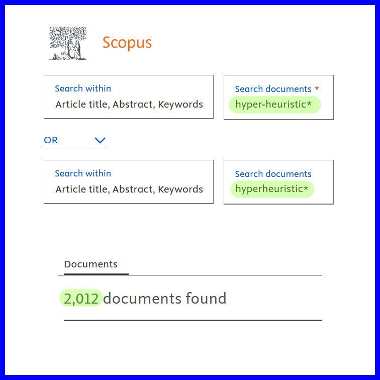 I have a research interest in Hyper-heuristics which goes back about 25 years. It is interesting to do a search every so often to look at the progress of the discipline.
It is pleasing to see that over 2000 papers (Scopus indexed) have been published since the first article in