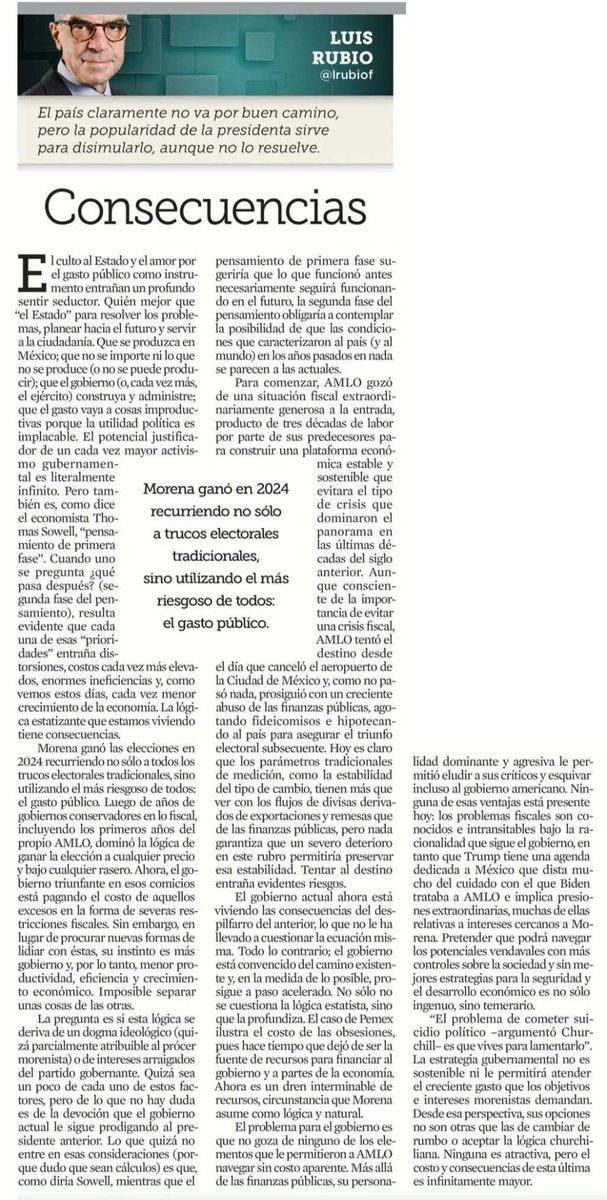 EdnaJaime's tweet image. La continuidad no es estrategia. El nuevo gobierno persiste en una lógica heredada que ya mostró sus límites: gasto sin control, instituciones debilitadas y un Pemex insostenible. Lo riesgoso no es solo el legado, sino la decisión de profundizarlo.
Una reflexión de @lrubiof