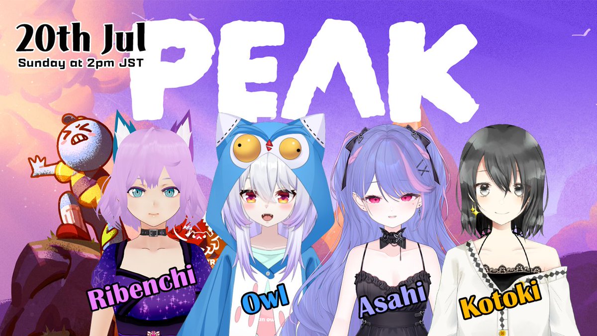 Kotoki (@kotokirou) on Twitter photo PEAK collabo⛰️with 4 streamers can use English and Japanese🌸日本語と英語が可能なVTuberさんたちで頂上を目指します⁉ #vtuber #peak #twitch
Date: Sun 20th Jul at 2 pm JST
Game: PEAK
💜Ribenchi <a href="/ribenchi/">Ribenchi 💜 EN/JP Vtuber</a>
🦉AngryOwlCat <a href="/AngryowlCat/">AngryOwlCat</a>
☁️asahiskye <a href="/asahiskye/">skye☁️</a>
✨KotokiRou <a href="/KotokiRou/">Kotoki</a> PEAK collabo⛰️with 4 streamers can use English and Japanese🌸日本語と英語が可能なVTuberさんたちで頂上を目指します⁉ #vtuber #peak #twitch
Date: Sun 20th Jul at 2 pm JST
Game: PEAK
💜Ribenchi <a href="/ribenchi/">Ribenchi 💜 EN/JP Vtuber</a>
🦉AngryOwlCat <a href="/AngryowlCat/">AngryOwlCat</a>
☁️asahiskye <a href="/asahiskye/">skye☁️</a>
✨KotokiRou <a href="/KotokiRou/">Kotoki</a>