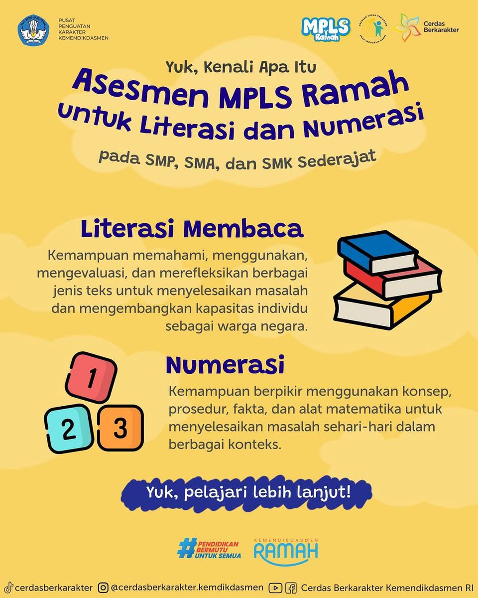 kalian udah tau asesmen #MPLSRamah untuk literasi dan numerisasi pada smp, sma/smk apa belum nih? jadi literasi membaca itu kemampuan buat memahami berbagai jenis teks, sedangkan numerisasi itu kemampuan berpikir pake alat matematika pada kehidupan sehari2 carapandang.com/news/read/mpls…