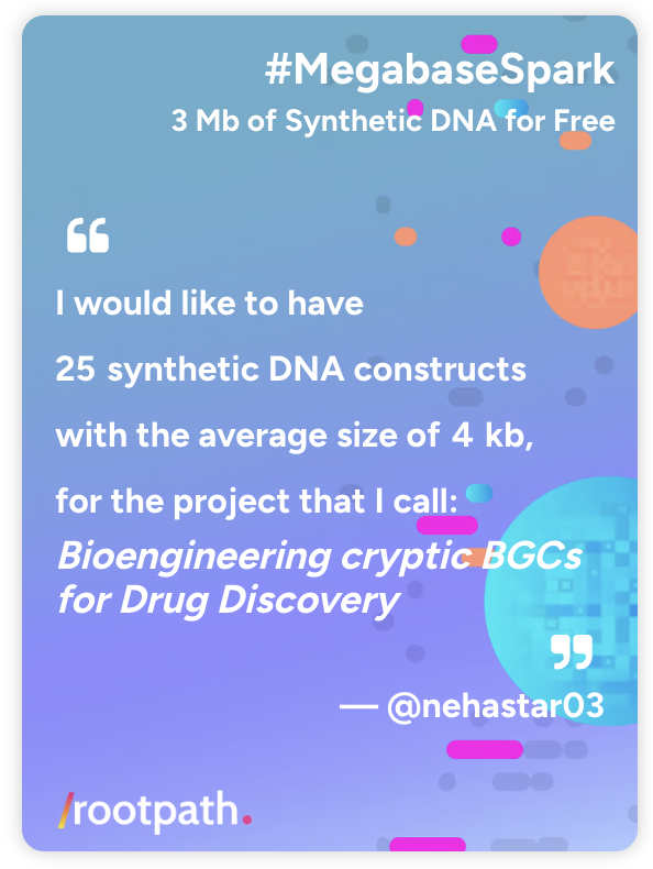 RootPathGx's tweet image. We are excited to share another #MegabaseSpark submission, from @nehastar03: "We bioengineer microbial biosynthetic gene clusters (BGCs) to unlock cryptic pathways and discover novel antimicrobial compounds. Using heterologous expression and rational design, we aim to produce…