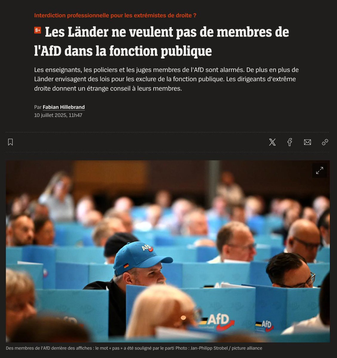 Plusieurs Länder viennent en effet d’interdire d’emploi dans la fonction publique les Allemands qui sont adhérents à l’AFD ! 

C’est le cas notamment de la Rhénanie-Palatinat, comme l’a annoncé hier son ministre de l’Intérieur !

AFD, le parti politique qui fait 25% des voix et