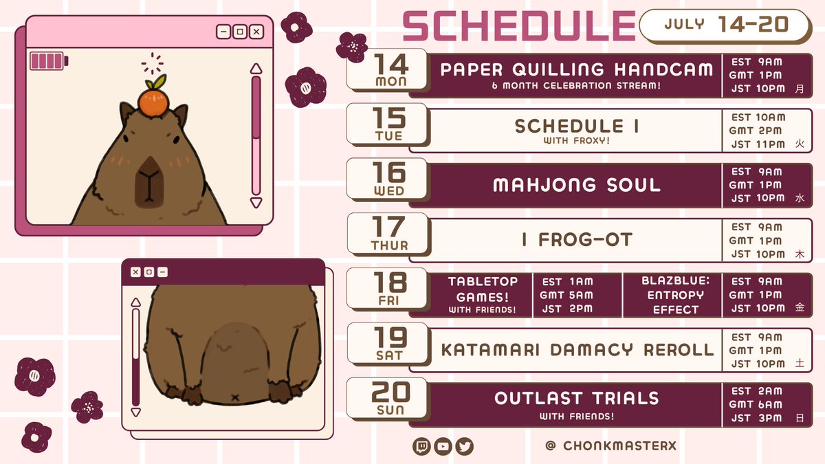 Hello! Feeling better so we'll be doing the Paper Quilling Handcam later today at 1PM GMT! 

Also, somebody redeemed the capybara points so... for the next 2 weeks I'm stuck looking like this...

Thank u guys for everything so far! See u later during the handcam stream!