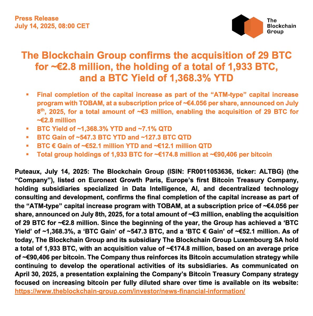 _ALTBG's tweet image. 🟠 The Blockchain Group confirms the acquisition of 29 BTC for ~€2.8 million, the holding of a total of 1,933 BTC, and a BTC Yield of 1,368.3% YTD⚡️
Full Press Release (EN): theblockchain-group.com/wp-content/upl…
Full Press Release (FR): theblockchain-group.com/wp-content/upl…
BTC Strategy (EN):…