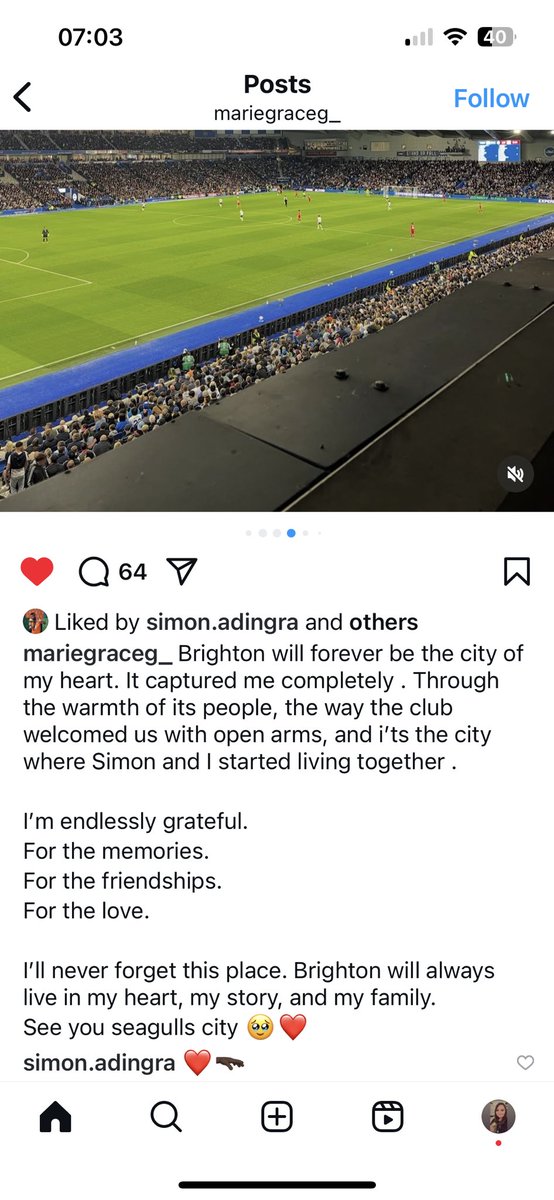 Even though Simon Adingra is no longer a Brighton player, his mrs’s farewell post made for rather lovely reading 💙🤍

Boo Adingra next season? No chance.