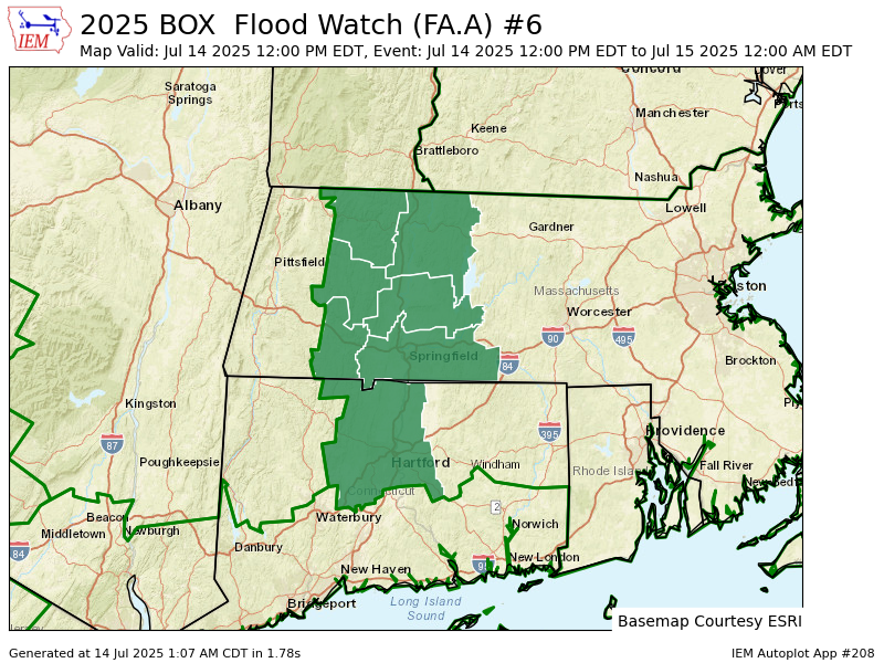 BOX issues Flood Watch valid at Jul 14, 12:00 PM EDT for Hartford [CT] and Eastern Franklin, Eastern Hampden, Eastern Hampshire, Western Franklin, Western Hampden, Western Hampshire [MA] till Jul 15, 12:00 AM EDT mesonet.agron.iastate.edu/vtec/f/2025-O-…