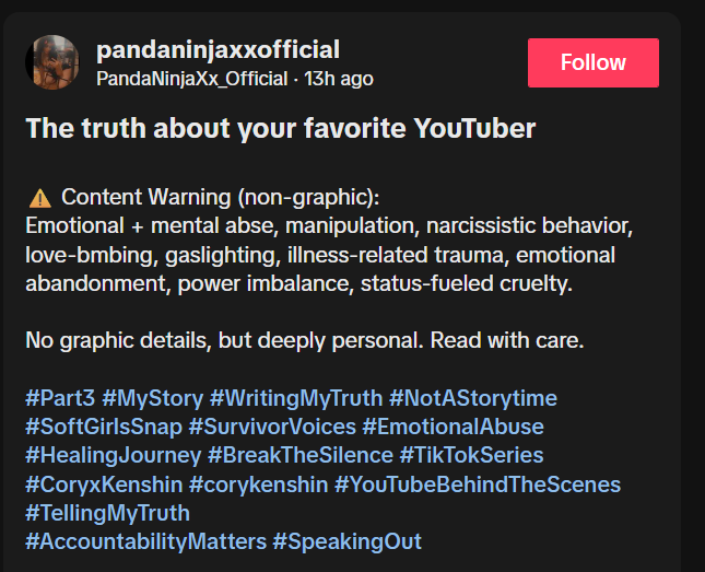 acelehouse's tweet photo. If she was accusing Cory of sexual assault, surely she would mention it in her content warnings. She IS accusing him of emotional and mental abuse, which should be treated responsibly, and not by putting words in her mouth and creating false narratives. https://t.co/ByKOMrfkSC