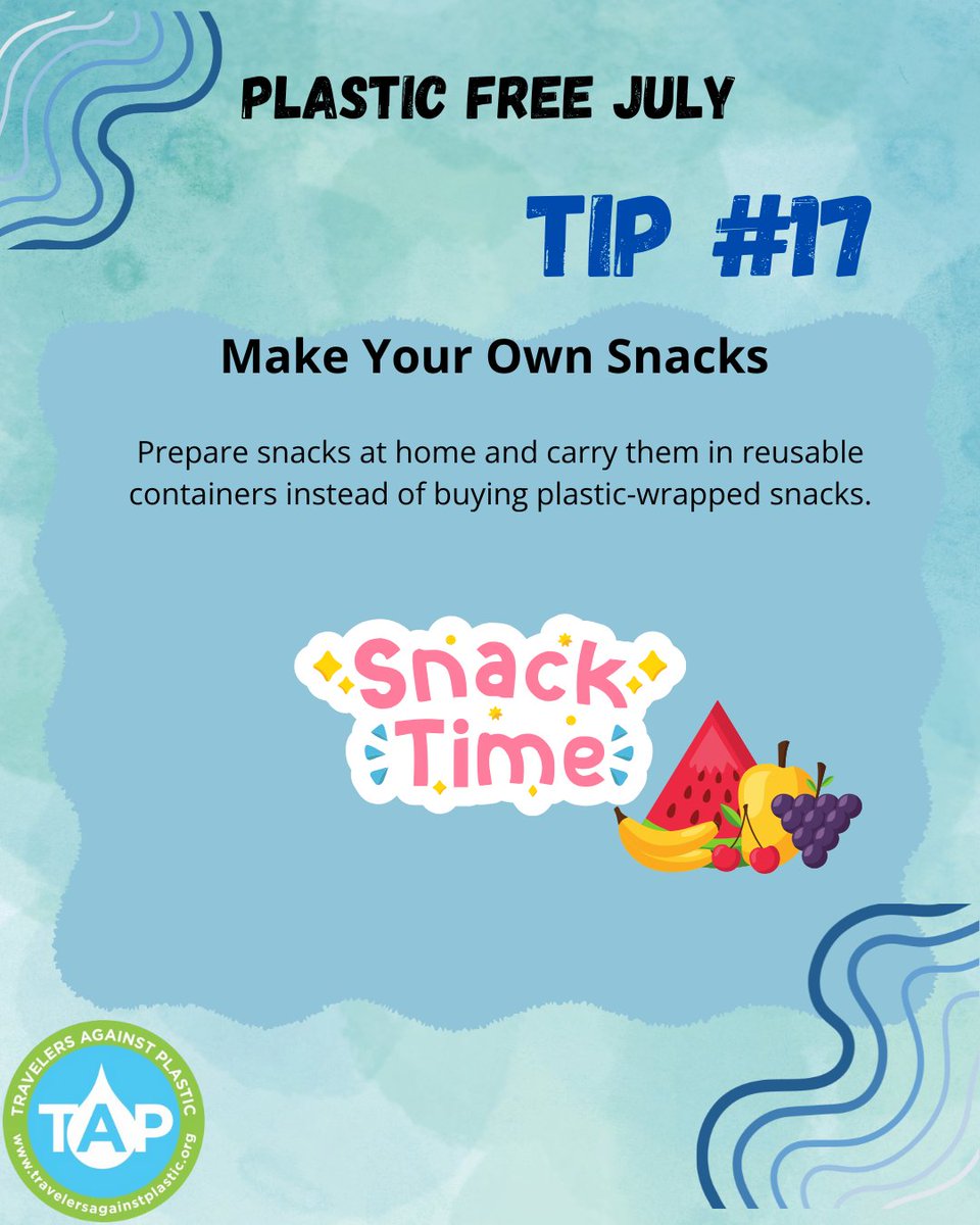 TAPcampaign's tweet image. Make Your Own Snacks Prepare snacks at home and carry them in reusable containers instead of buying plastic-wrapped snacks.
#plasticfreejuly