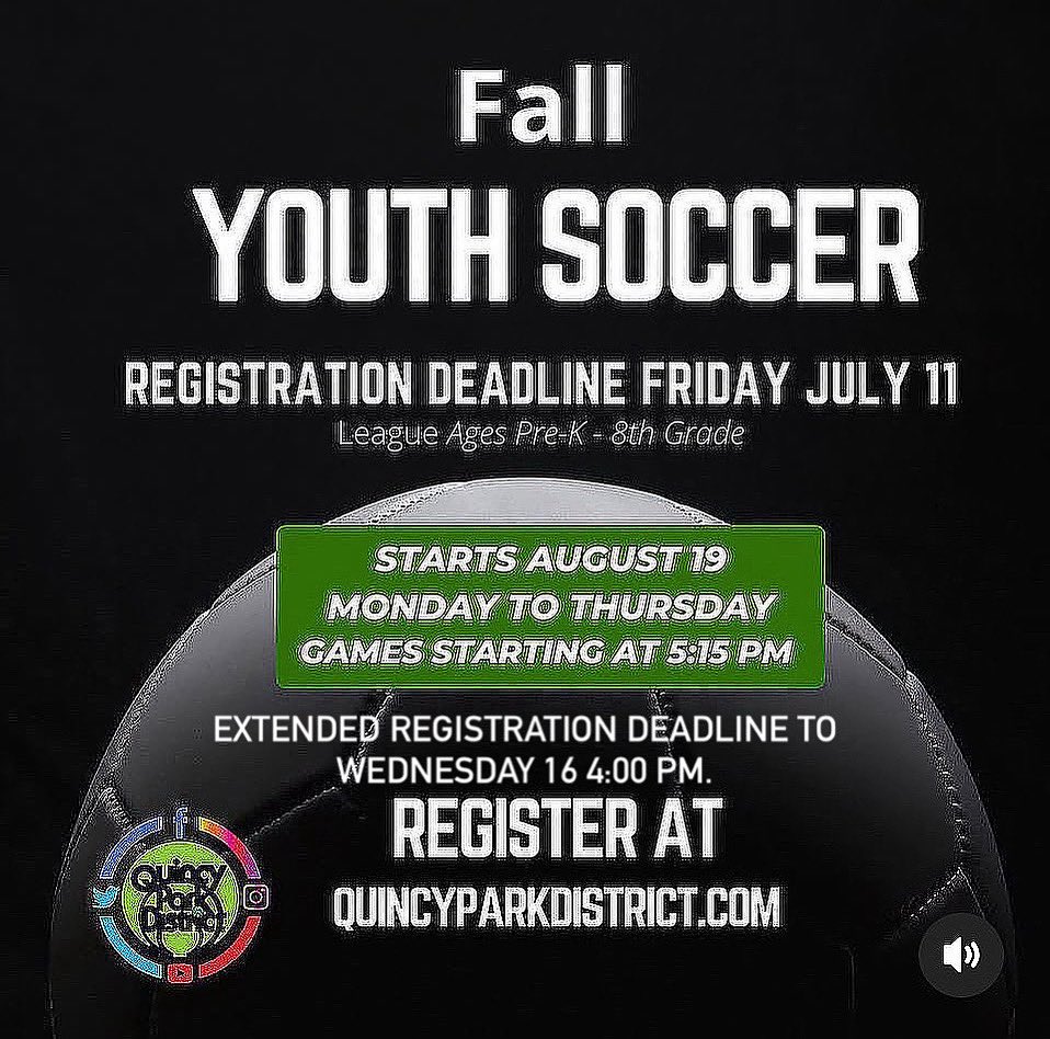 EXTENDED Registration deadline to Wednesday 16 4:00 pm.

Register at quincyparkdistrict.com