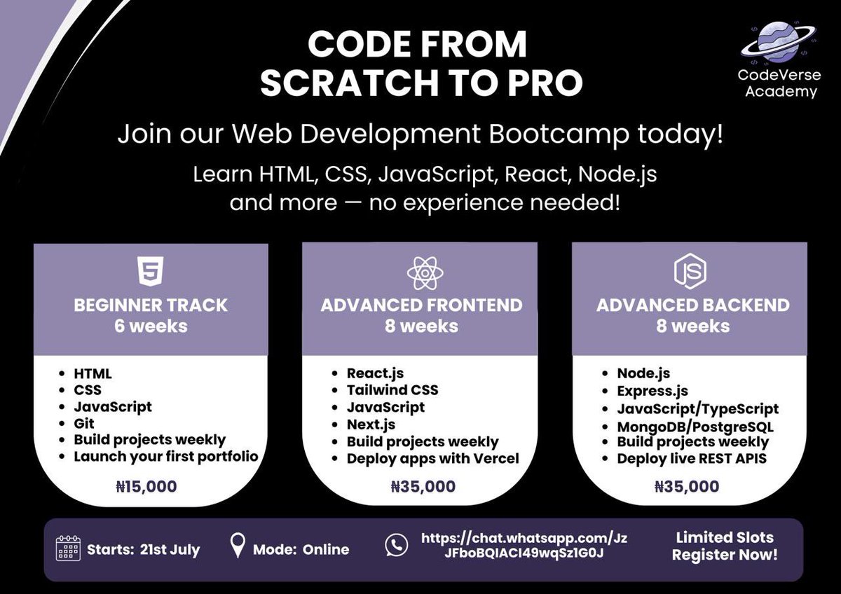 CodeverseA's tweet image. CodeVerse will be holding another web development class on July 21st!
This is a great opportunity to be part of an amazing program where you’ll gain hands-on experience in web development. Don’t miss it!
#JavaScript #WebDevelopment #TechSkills #LearnToCode #CodingBootcamp