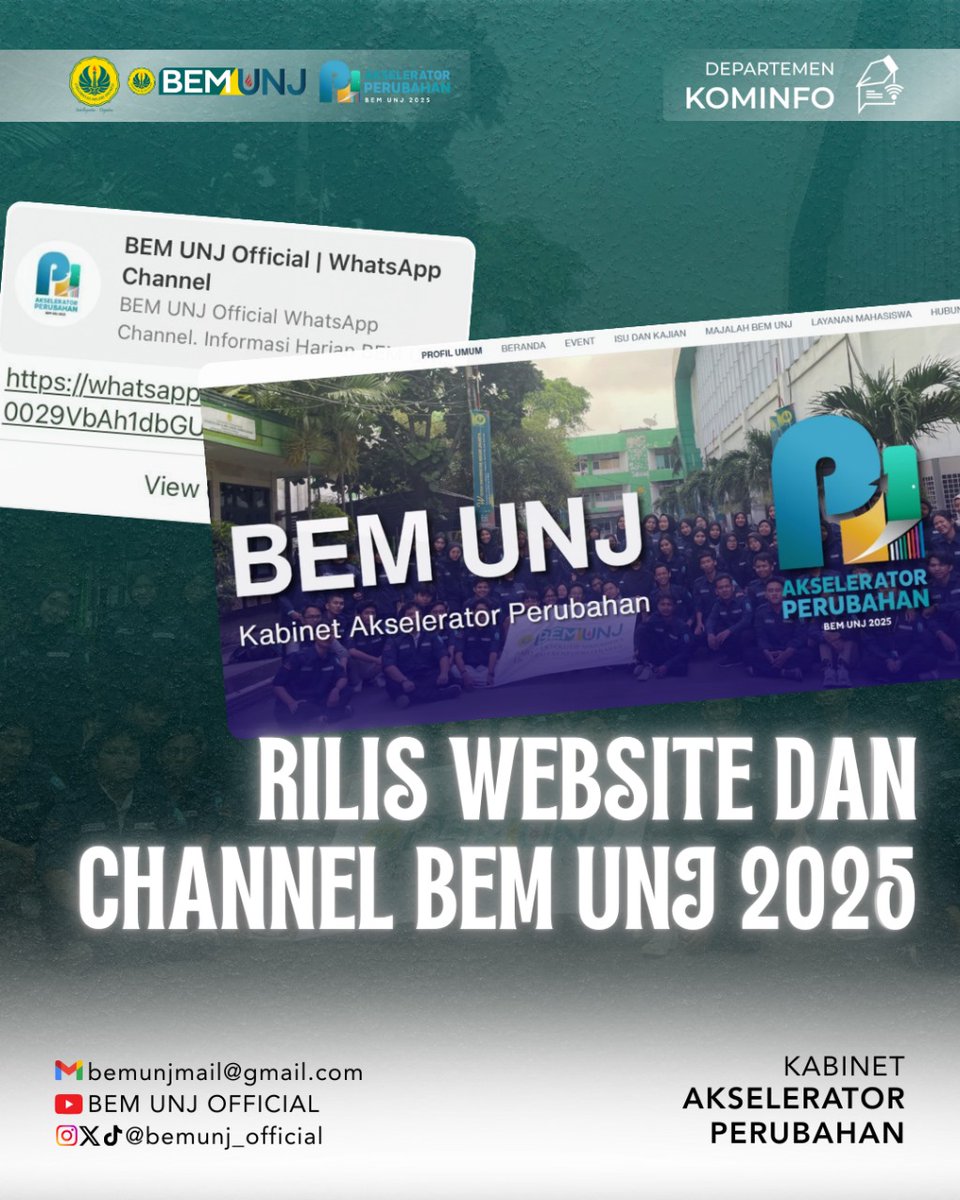[ 𝗥𝗶𝗹𝗶𝘀 𝗪𝗲𝗯𝘀𝗶𝘁𝗲 &amp; 𝗖𝗵𝗮𝗻𝗻𝗲𝗹 𝗕𝗘𝗠 𝗨𝗡𝗝 𝟮𝟬𝟮𝟱 ]

Jangan lupa follow dan kunjungi platform baru BEM UNJ 2025

> Channel BEM UNJ 2025
whatsapp.com/channel/0029Vb…

> Website BEM UNJ 2025
sites.google.com/view/bem-unj-2…

➖️➖️➖️➖️➖️➖️➖️➖️➖️
©️ BEM UNJ 2025