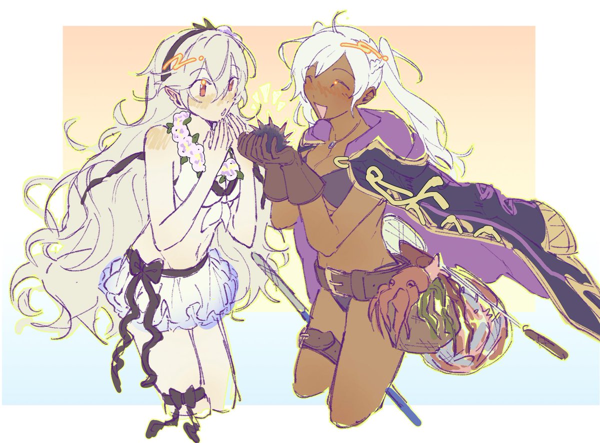 for fe art scuffle also... i realized they would be perfect friends because robin loves to fish weird shit out the ocean and corrin came to the beach with her fish encyclopedia so she can help identify them for her... 🐙🫧🐠🌊