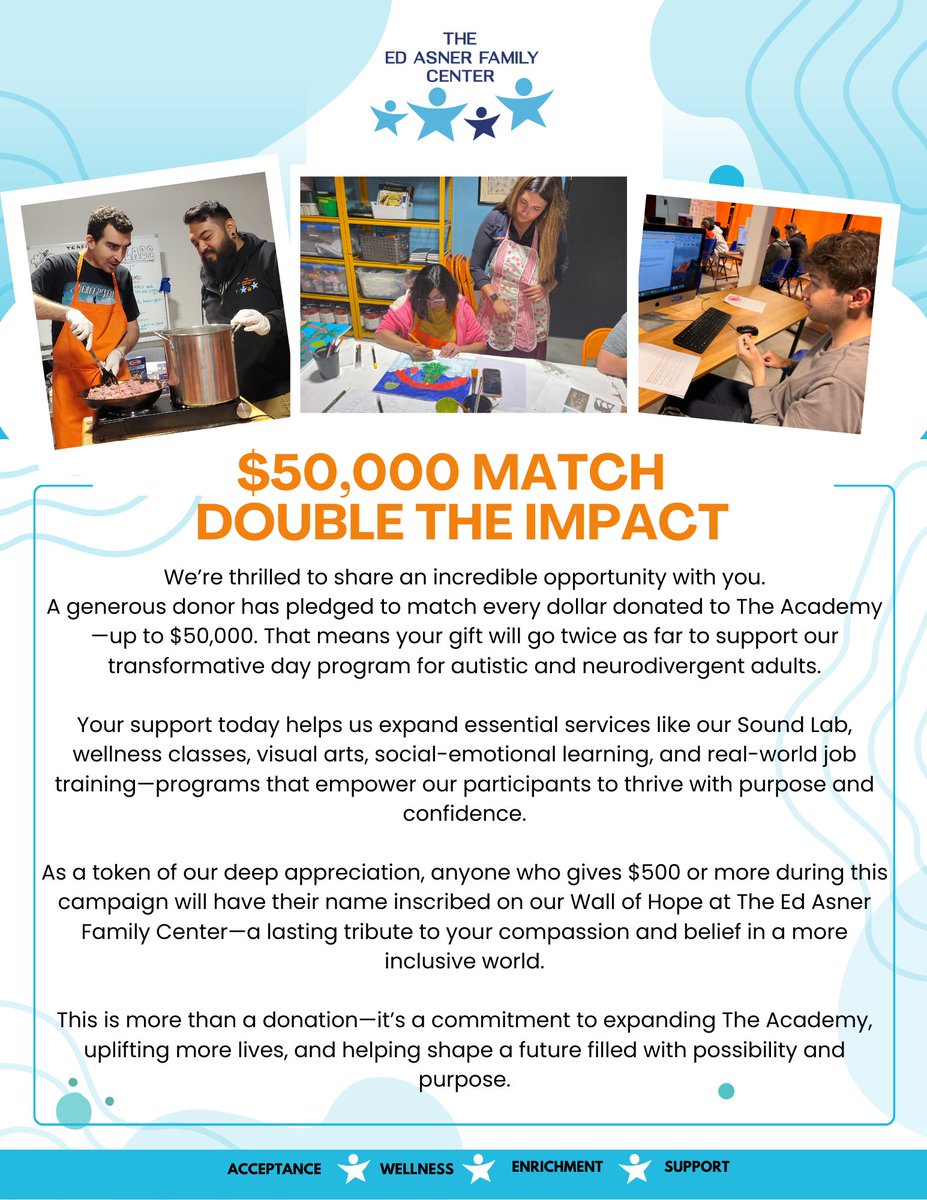 EdAsnerCenter's tweet image. 🚨 Matching Gift Alert!
Every dollar to The Academy is matched—up to $50,000!
Donations of $500+ = your name on our Wall of Hope at The Ed Asner Family Center!
Double your impact today 👉 pledge.to/the-academy-50…
#DoubleTheImpact #TEAFC #theacademy