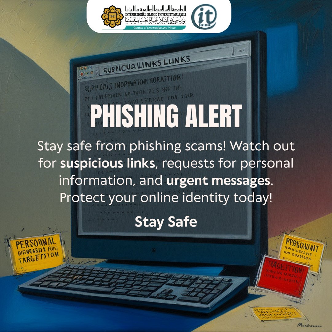 🚨 Phishing Scams: What to Watch Out For
⚠️ Fake emails may look real &amp; urgent
🕵️‍♂️ Spoofed domains &amp; fake links are common
🛑 Links may lead to malware or fake logins
✅ Hover over links before clicking!
#CyberSecurity #PhishingAlert #StaySafe #IIUM