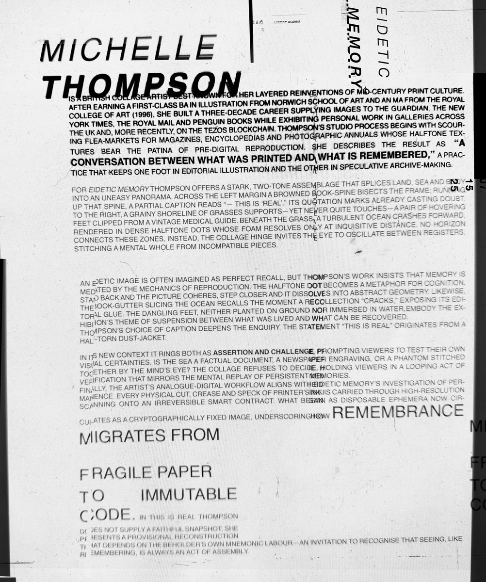 Gary Edward Blum (@garyedwardblum) on Twitter photo E I D E T I C M E M O R Y | 07 15 25
As part of the upcoming drop, I'll be sharing some background and thoughts on each artist in the show.
MICHELLE THOMPSON |<a href="/mich_tom/">Michelle Thompson 💎🟥</a>
7 / 1 5 E I D E T I C M E M O R Y | 07 15 25
As part of the upcoming drop, I'll be sharing some background and thoughts on each artist in the show.
MICHELLE THOMPSON |<a href="/mich_tom/">Michelle Thompson 💎🟥</a>
7 / 1 5