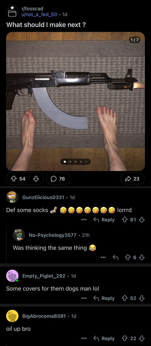 will__ye's tweet image. checking the 3D-printed guns subreddit to see what sort of shenanigans they’re up to