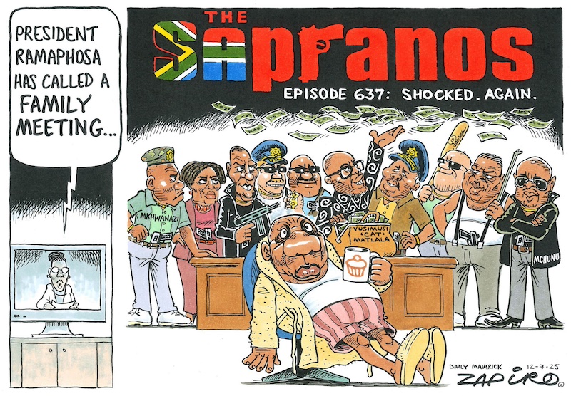zapiro's tweet image. Zapiro cartoon published on @dailymaverick (12 July 2025) on Powwow @CyrilRamaphosa @SAPoliceService - zapiro.com/250712dm