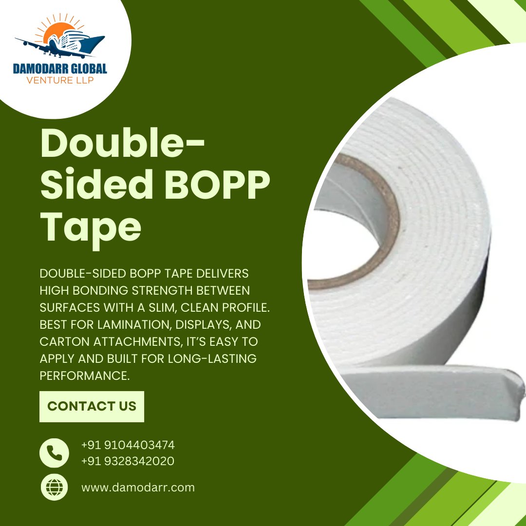darshitp__99's tweet image. Double-Side BOPP Tape – Invisible Strength for Clean &amp;amp; Lasting Bonds!

✔ Strong Adhesive on Both Sides for Permanent Bonding
✔ Clear, Thin &amp;amp; Flexible – Ideal for Clean Finishes

Contact us today at:
📞 +91 9104403474
🌐 damodarr.com

#unitedkingdom