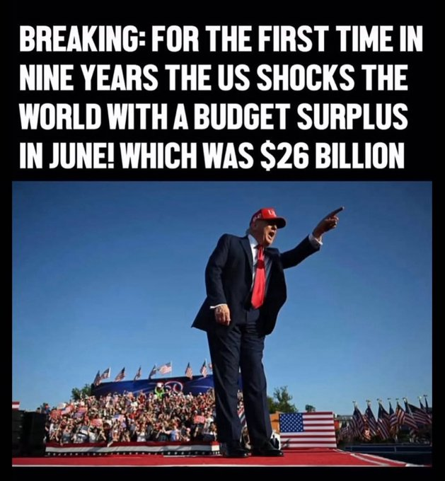 realRepublic_'s tweet photo. For the first time in 9 years, the U.S. posted a $26 billion budget surplus in June. Winning isn't just a slogan – it's a strategy. 🇺🇸📈 #Trump2024 #BudgetSurplus https://t.co/WseZzIwoY7